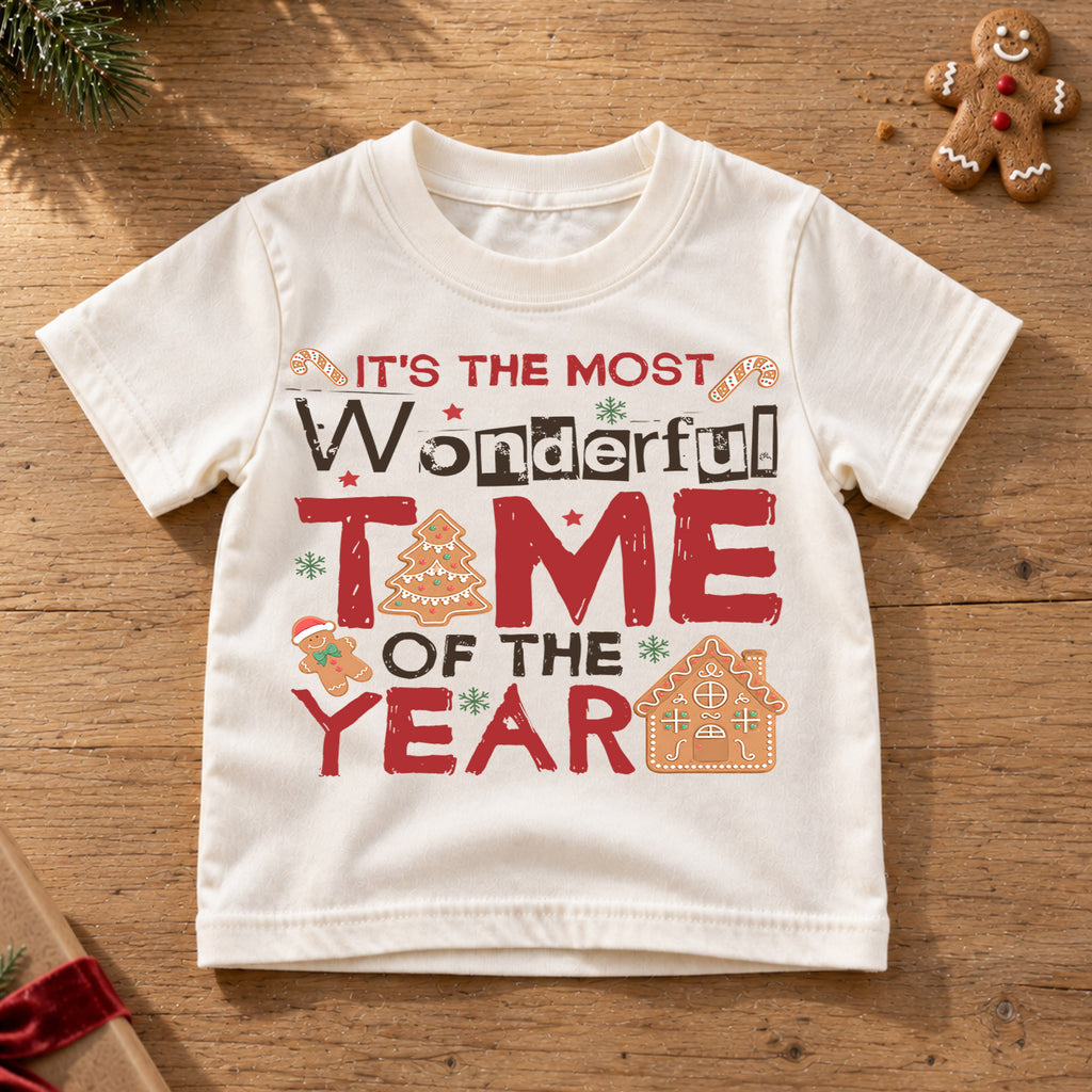 Most Wonderful Time of the Year Kids Christmas T-Shirt, Gingerbread Holiday Tee — product view 6