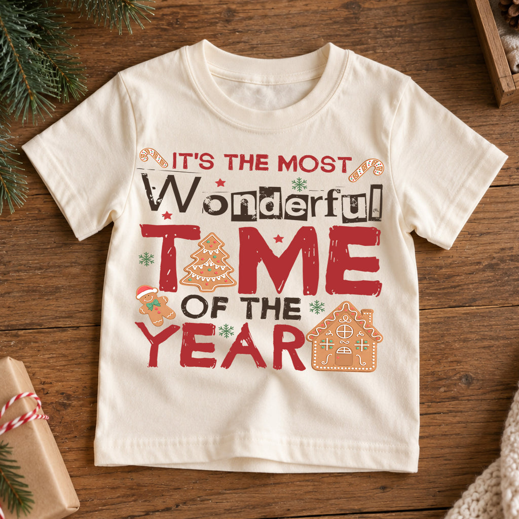Most Wonderful Time of the Year Kids Christmas T-Shirt, Gingerbread Holiday Tee — product view 7