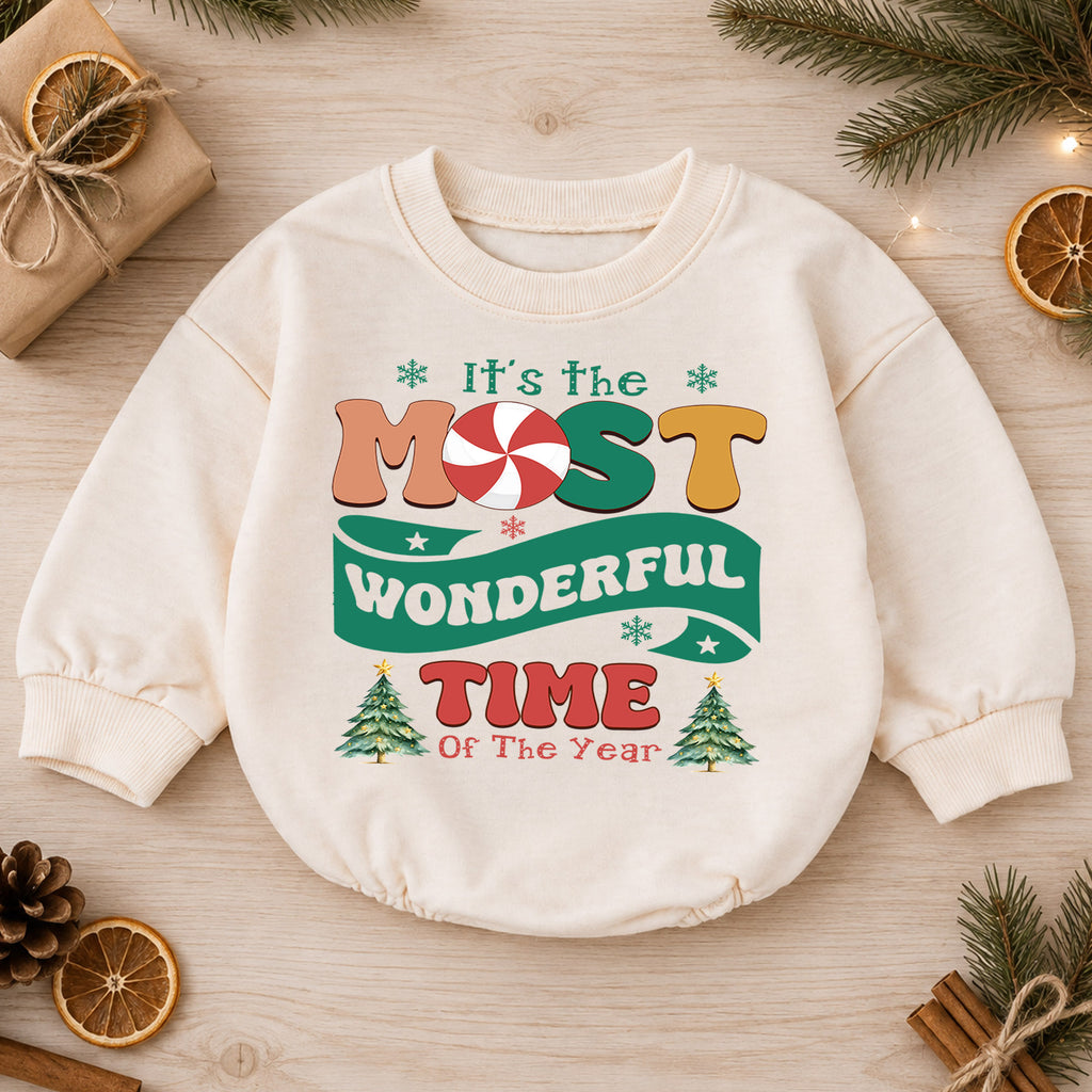 Most Wonderful Time Christmas Baby Romper, Retro Holiday Typography Outfit, Candy Cane Christmas Romper, Festive Winter Xmas Gift — product view 1