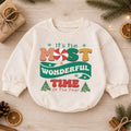 Most Wonderful Time Christmas Baby Romper, Retro Holiday Typography Outfit, Candy Cane Christmas Romper, Festive Winter Xmas Gift — product view 1