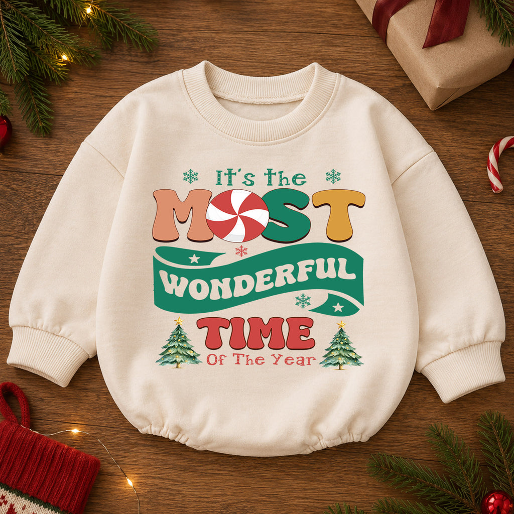 Most Wonderful Time Christmas Baby Romper, Retro Holiday Typography Outfit, Candy Cane Christmas Romper, Festive Winter Xmas Gift — product view 2