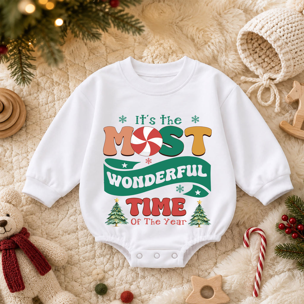 Most Wonderful Time Christmas Baby Romper, Retro Holiday Typography Outfit, Candy Cane Christmas Romper, Festive Winter Xmas Gift — product view 3