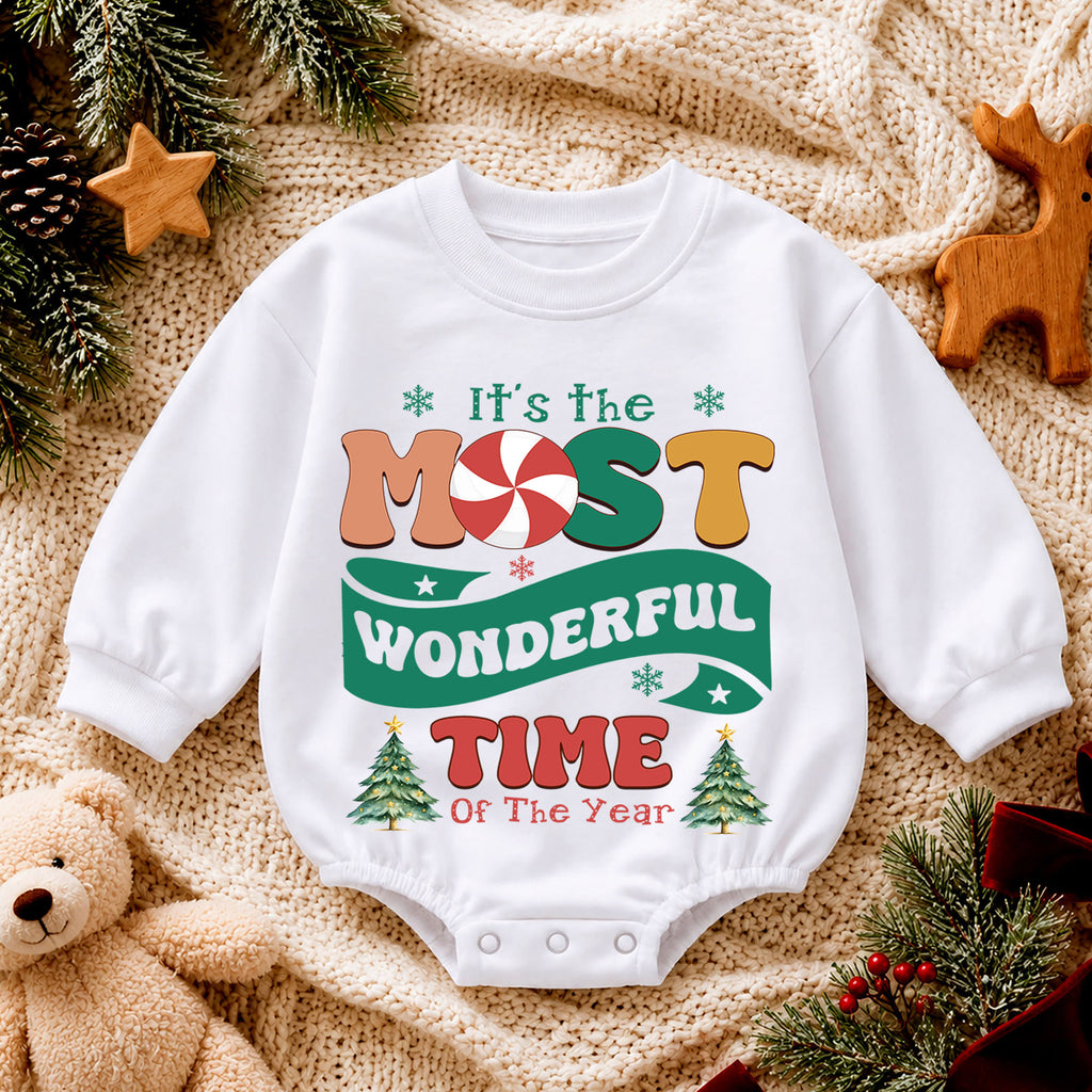 Most Wonderful Time Christmas Baby Romper, Retro Holiday Typography Outfit, Candy Cane Christmas Romper, Festive Winter Xmas Gift — product view 4