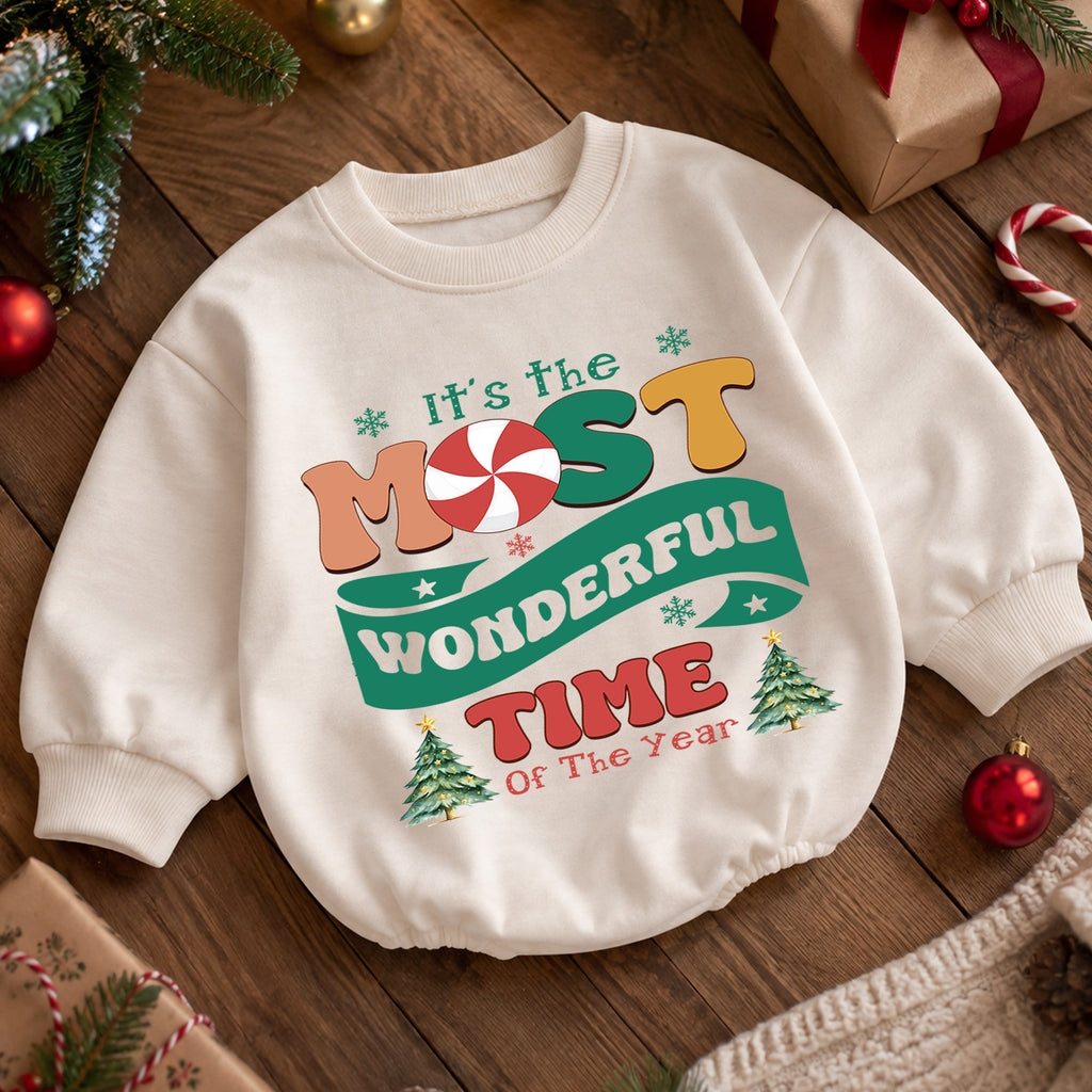 Most Wonderful Time Christmas Baby Romper, Retro Holiday Typography Outfit, Candy Cane Christmas Romper, Festive Winter Xmas Gift — product view 5