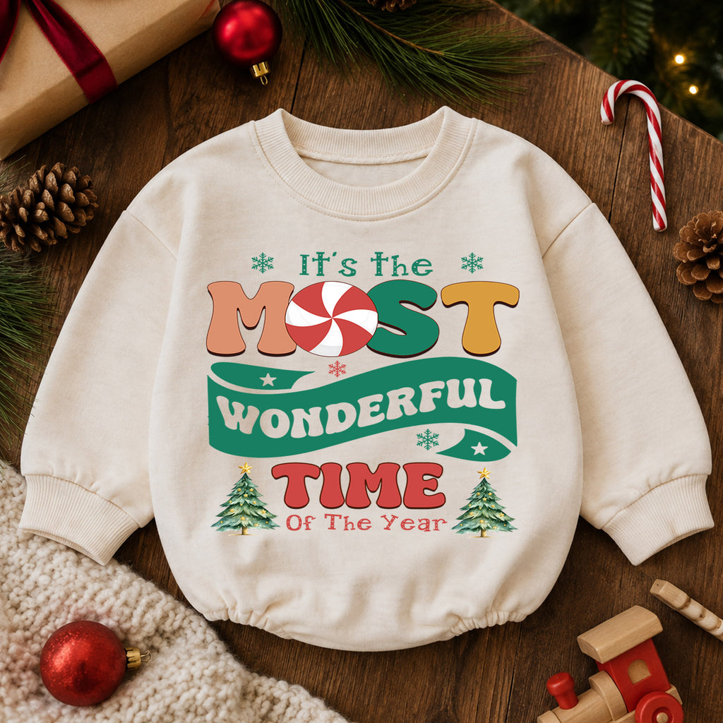 Most Wonderful Time Christmas Baby Romper, Retro Holiday Typography Outfit, Candy Cane Christmas Romper, Festive Winter Xmas Gift — product view 6