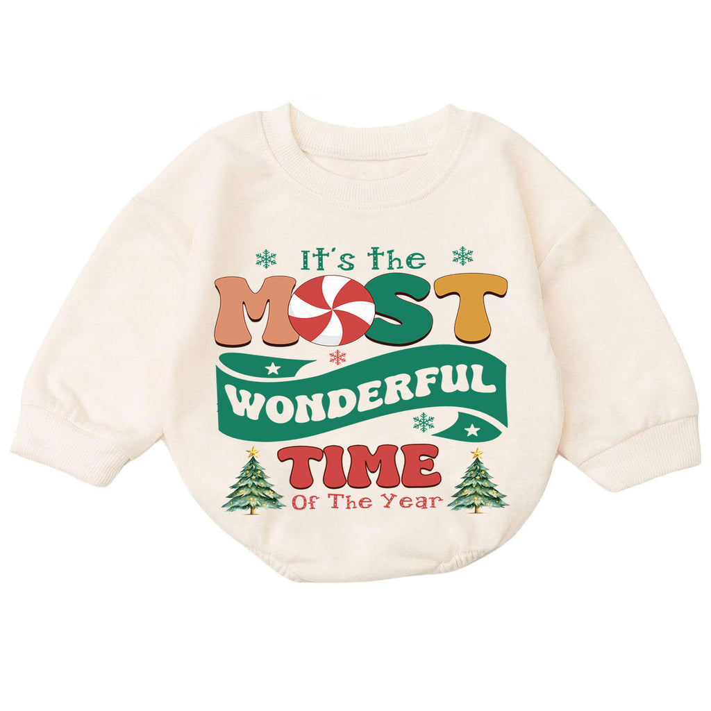 Most Wonderful Time Christmas Baby Romper, Retro Holiday Typography Outfit, Candy Cane Christmas Romper, Festive Winter Xmas Gift — product view 7