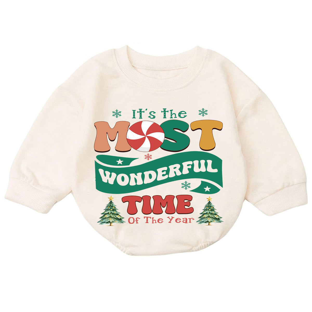 Most Wonderful Time Christmas Baby Romper, Retro Holiday Typography Outfit, Candy Cane Christmas Romper, Festive Winter Xmas Gift — product view 7
