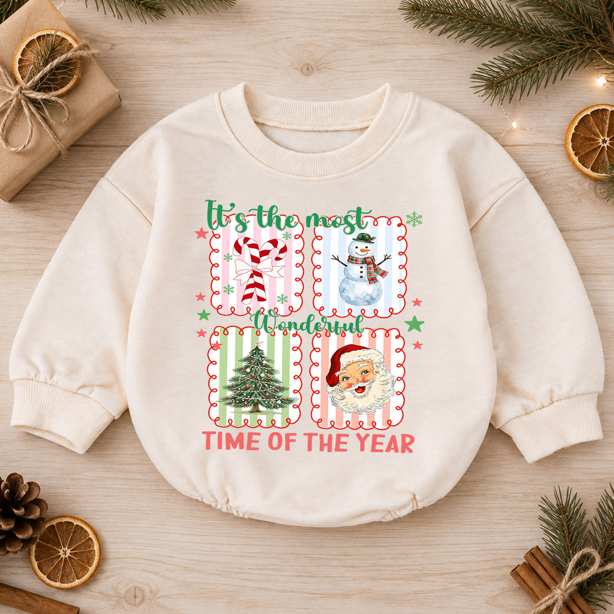 It's the Most Wonderful Time Christmas Baby Romper, Santa Snowman Holiday Outfit, Vintage Christmas Collage Romper, Xmas Gift for Baby — product view 1