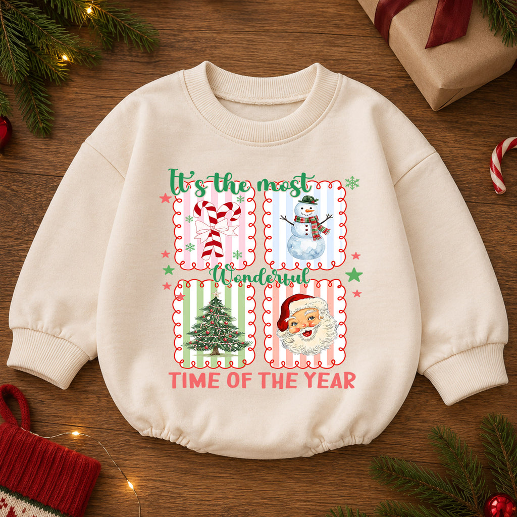 It's the Most Wonderful Time Christmas Baby Romper, Santa Snowman Holiday Outfit, Vintage Christmas Collage Romper, Xmas Gift for Baby — product view 2