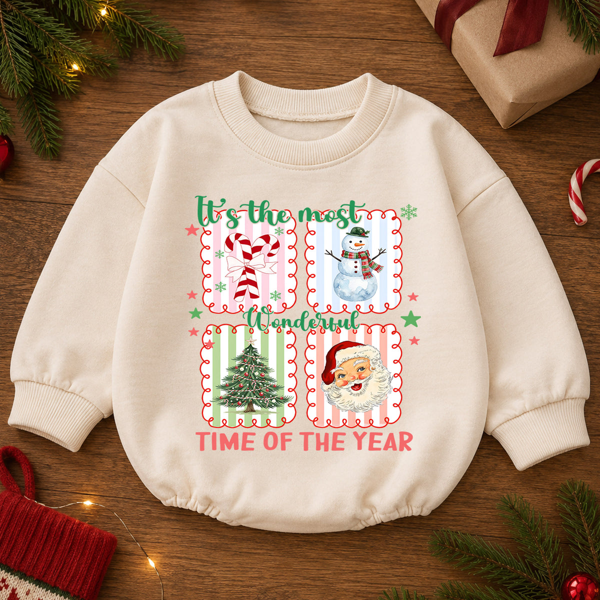 It's the Most Wonderful Time Christmas Baby Romper, Santa Snowman Holiday Outfit, Vintage Christmas Collage Romper, Xmas Gift for Baby — product view 2