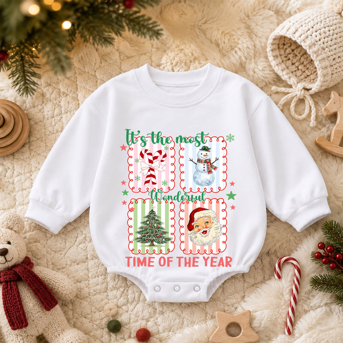 It's the Most Wonderful Time Christmas Baby Romper, Santa Snowman Holiday Outfit, Vintage Christmas Collage Romper, Xmas Gift for Baby — product view 3