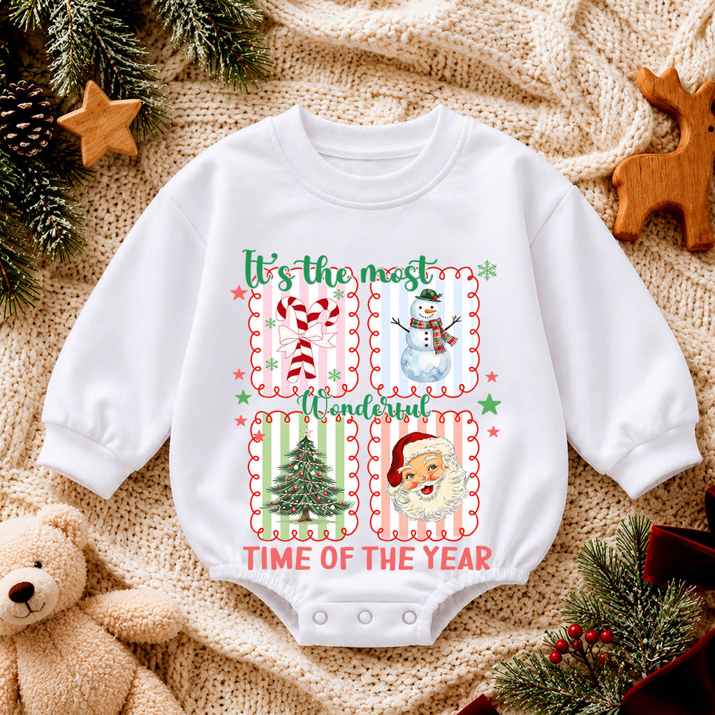 It's the Most Wonderful Time Christmas Baby Romper, Santa Snowman Holiday Outfit, Vintage Christmas Collage Romper, Xmas Gift for Baby — product view 4