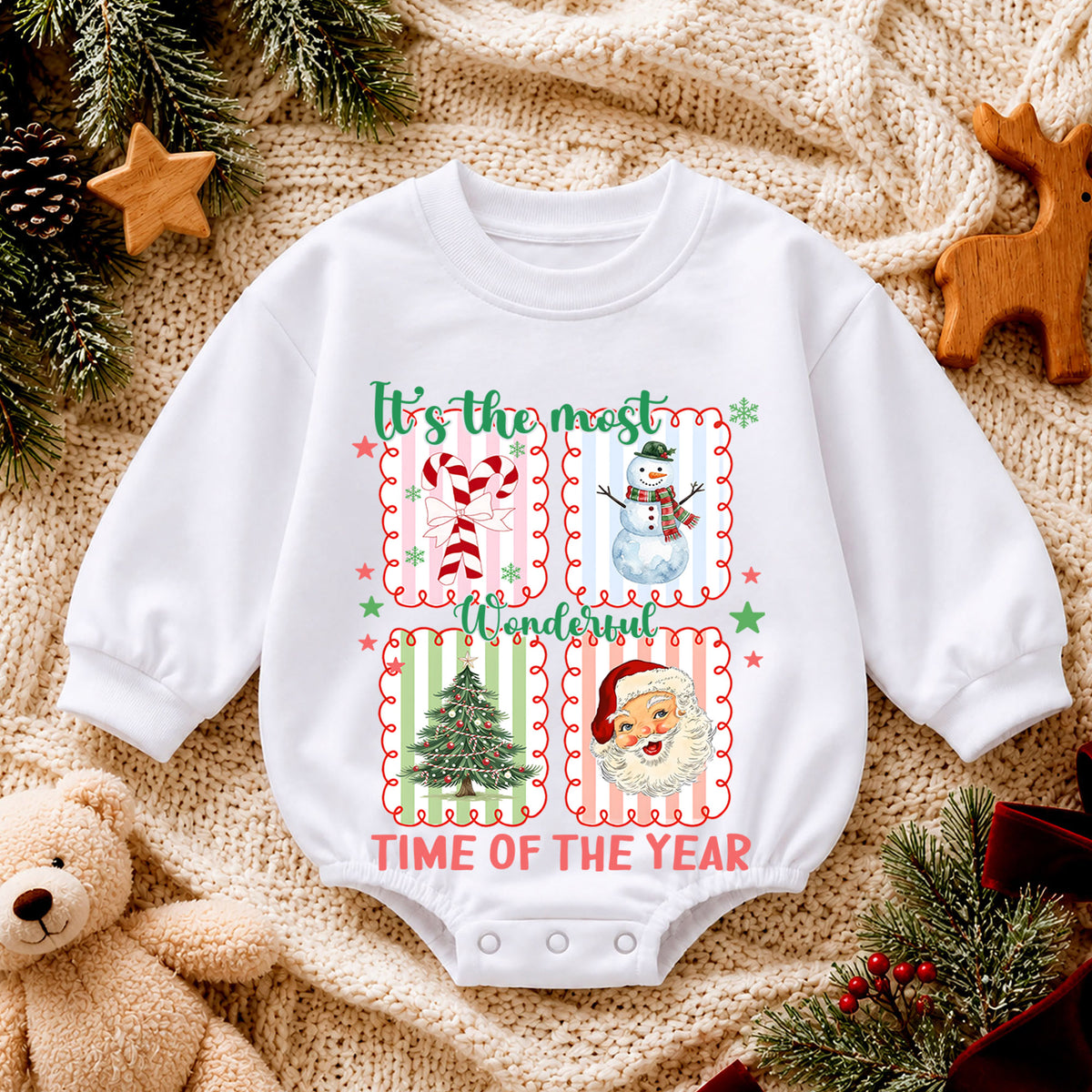 It's the Most Wonderful Time Christmas Baby Romper, Santa Snowman Holiday Outfit, Vintage Christmas Collage Romper, Xmas Gift for Baby — product view 4