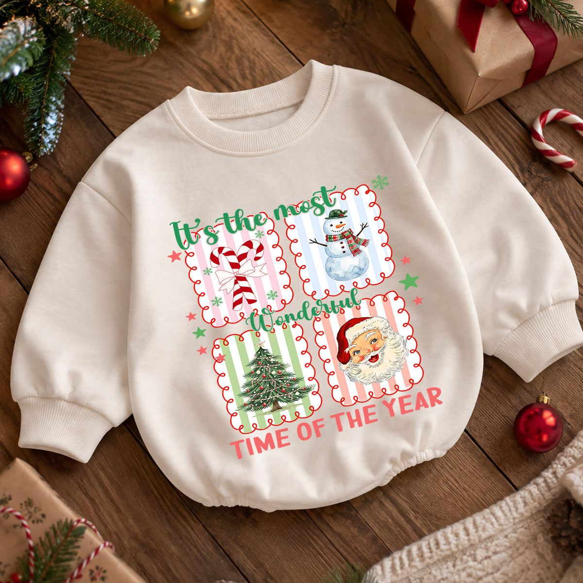It's the Most Wonderful Time Christmas Baby Romper, Santa Snowman Holiday Outfit, Vintage Christmas Collage Romper, Xmas Gift for Baby — product view 5