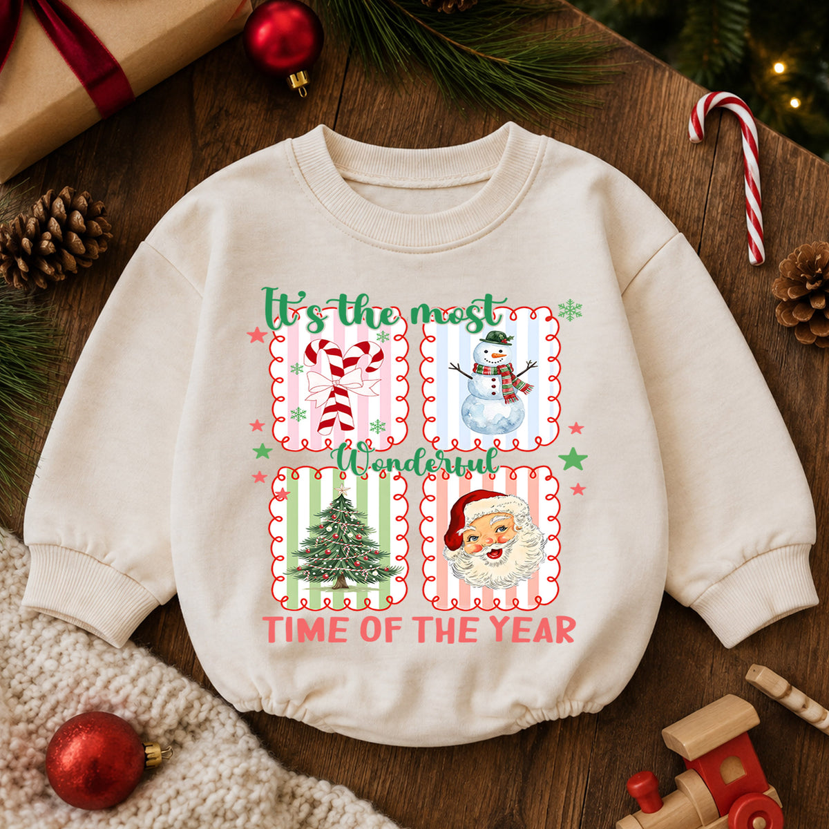 It's the Most Wonderful Time Christmas Baby Romper, Santa Snowman Holiday Outfit, Vintage Christmas Collage Romper, Xmas Gift for Baby — product view 6