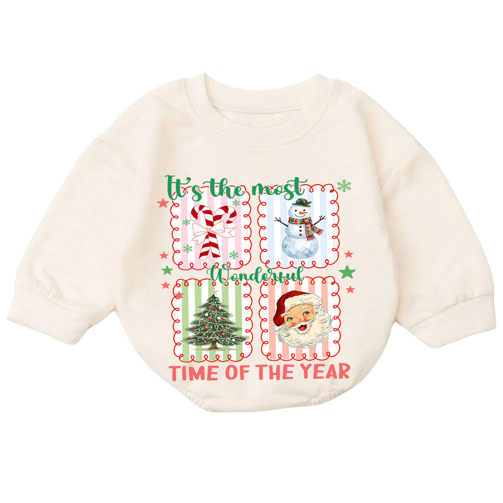 It's the Most Wonderful Time Christmas Baby Romper, Santa Snowman Holiday Outfit, Vintage Christmas Collage Romper, Xmas Gift for Baby — product view 7