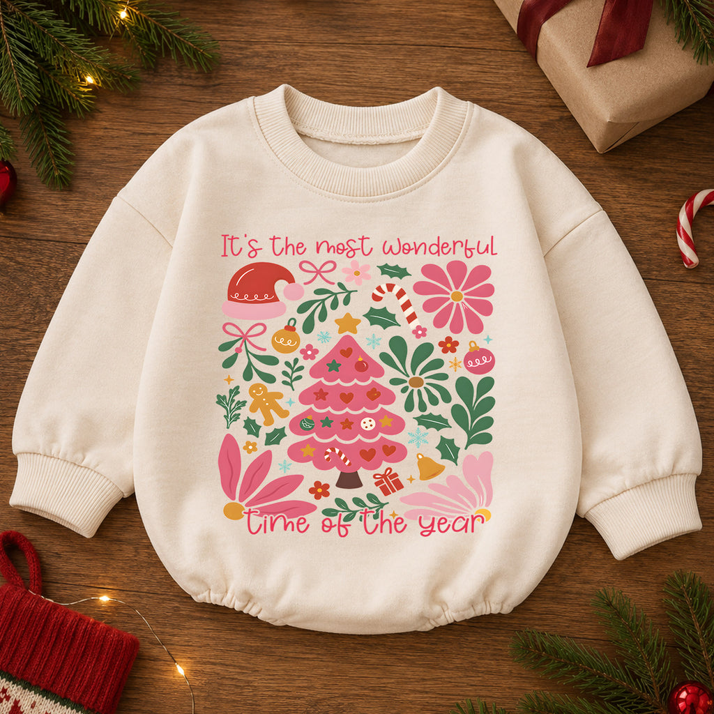 Most Wonderful Time Christmas Baby Romper, Pink Christmas Tree Holiday Outfit, Retro Floral Xmas Romper, Cute Christmas Gift for Girls — product view 2