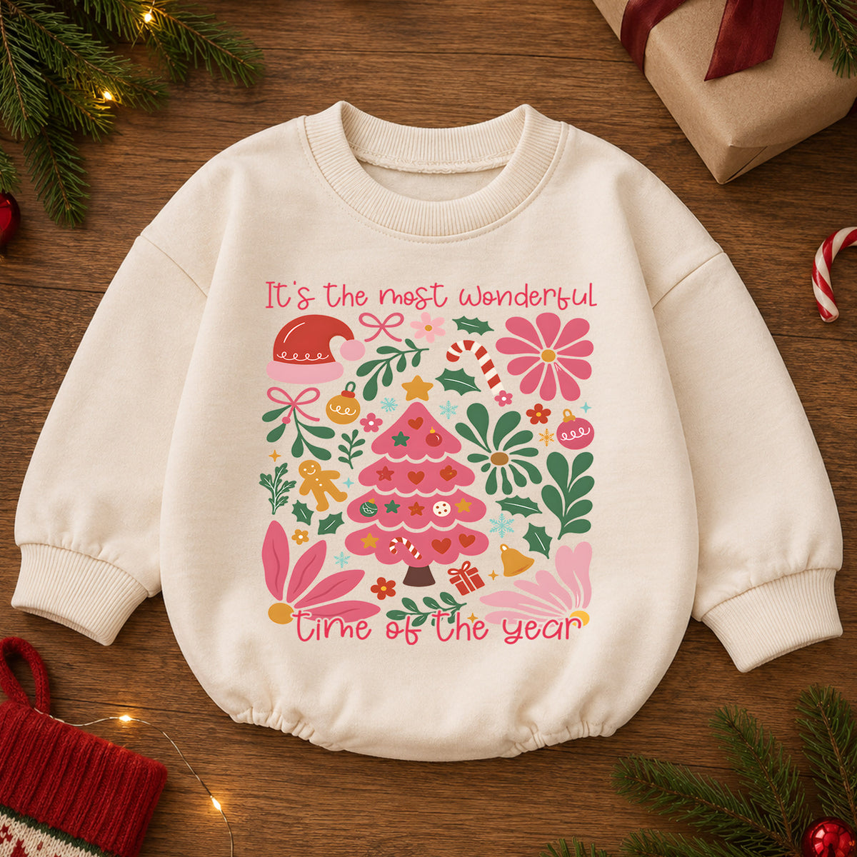 Most Wonderful Time Christmas Baby Romper, Pink Christmas Tree Holiday Outfit, Retro Floral Xmas Romper, Cute Christmas Gift for Girls — product view 2