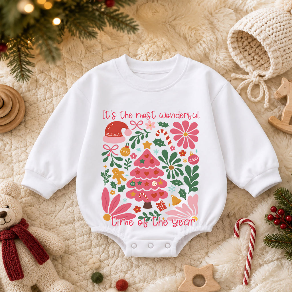 Most Wonderful Time Christmas Baby Romper, Pink Christmas Tree Holiday Outfit, Retro Floral Xmas Romper, Cute Christmas Gift for Girls — product view 3