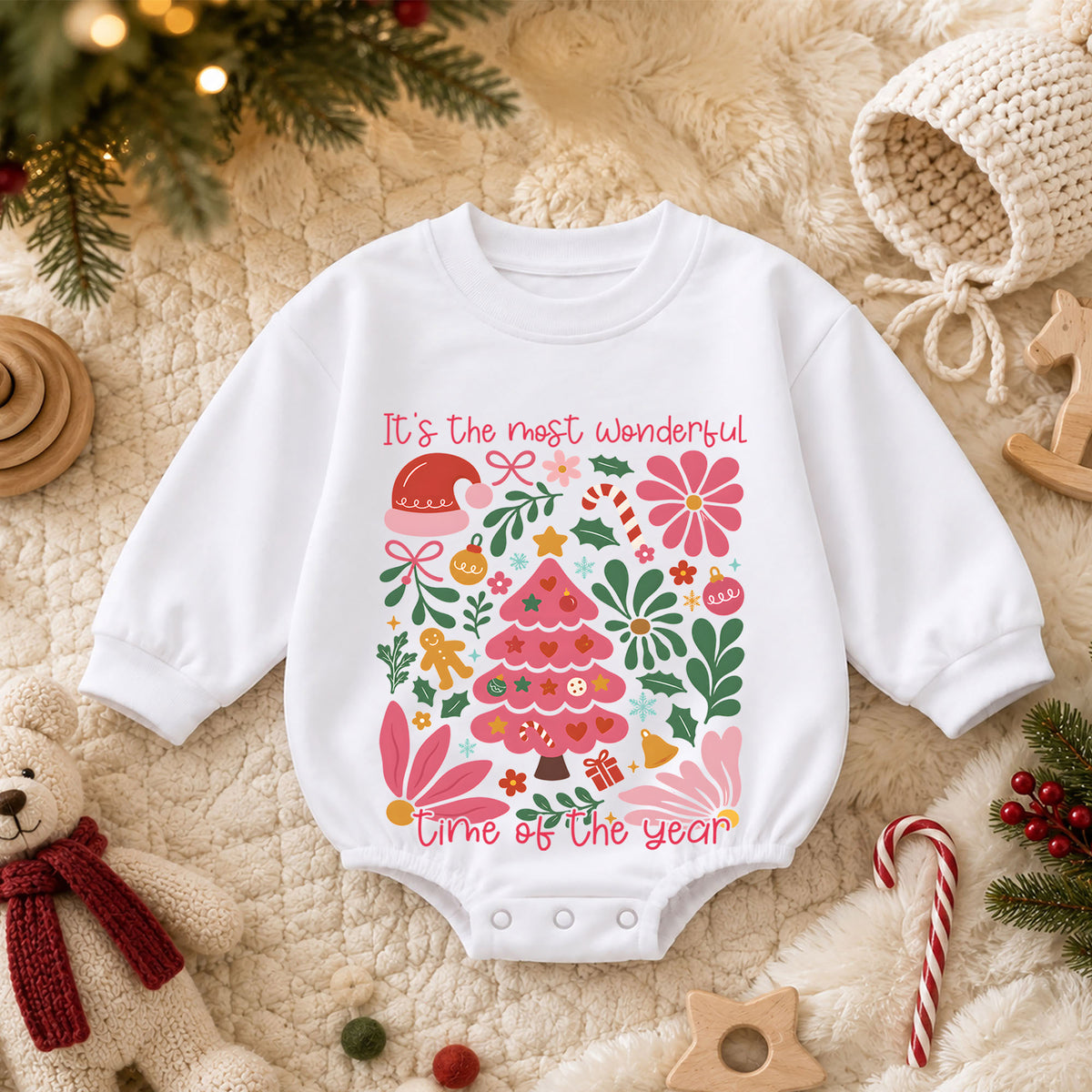 Most Wonderful Time Christmas Baby Romper, Pink Christmas Tree Holiday Outfit, Retro Floral Xmas Romper, Cute Christmas Gift for Girls — product view 3