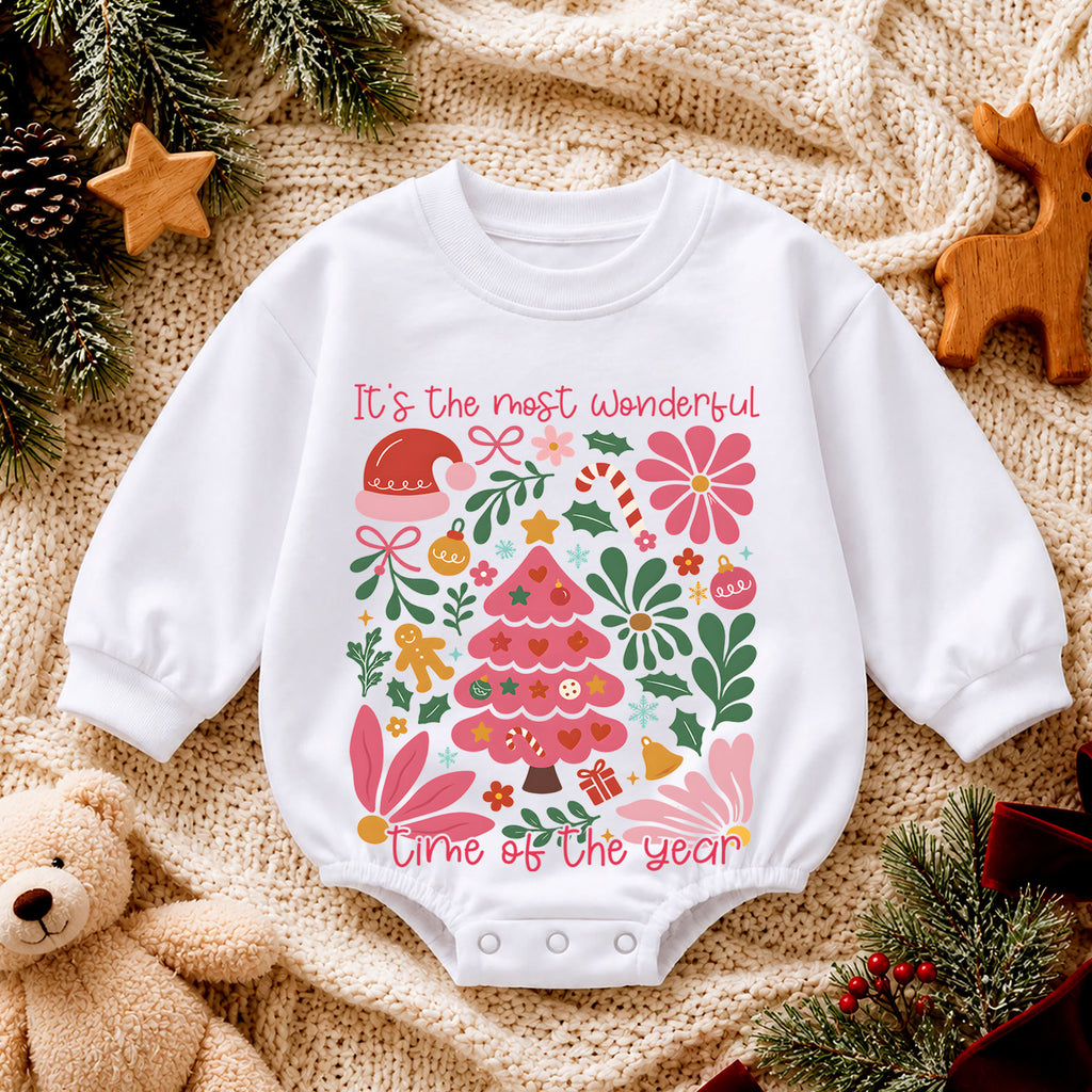 Most Wonderful Time Christmas Baby Romper, Pink Christmas Tree Holiday Outfit, Retro Floral Xmas Romper, Cute Christmas Gift for Girls — product view 4