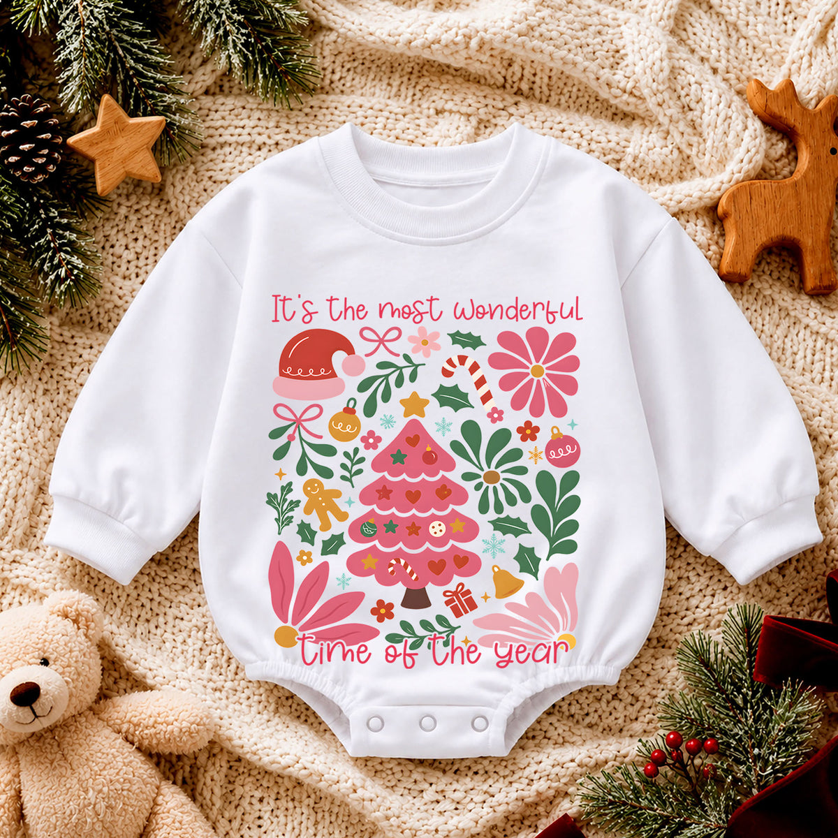 Most Wonderful Time Christmas Baby Romper, Pink Christmas Tree Holiday Outfit, Retro Floral Xmas Romper, Cute Christmas Gift for Girls — product view 4