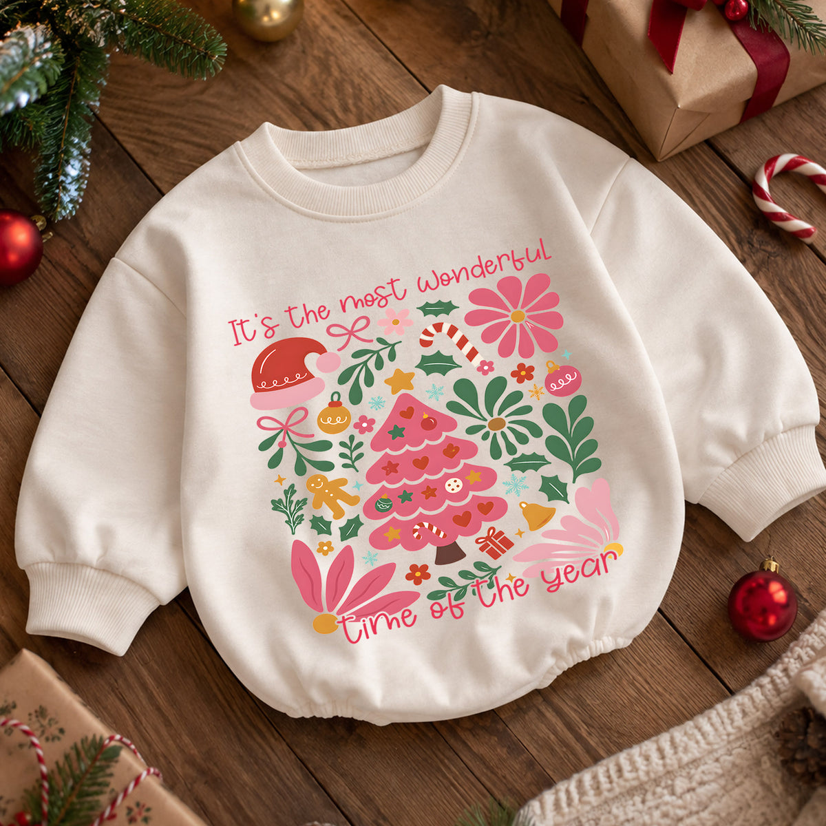 Most Wonderful Time Christmas Baby Romper, Pink Christmas Tree Holiday Outfit, Retro Floral Xmas Romper, Cute Christmas Gift for Girls — product view 5