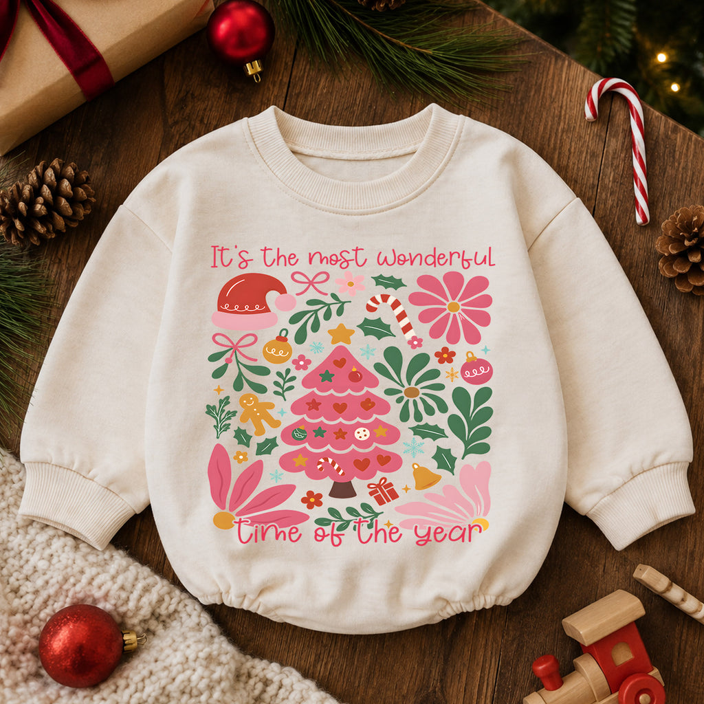 Most Wonderful Time Christmas Baby Romper, Pink Christmas Tree Holiday Outfit, Retro Floral Xmas Romper, Cute Christmas Gift for Girls — product view 6