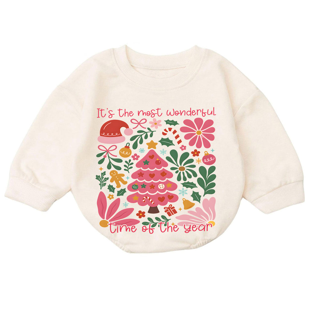 Most Wonderful Time Christmas Baby Romper, Pink Christmas Tree Holiday Outfit, Retro Floral Xmas Romper, Cute Christmas Gift for Girls — product view 7