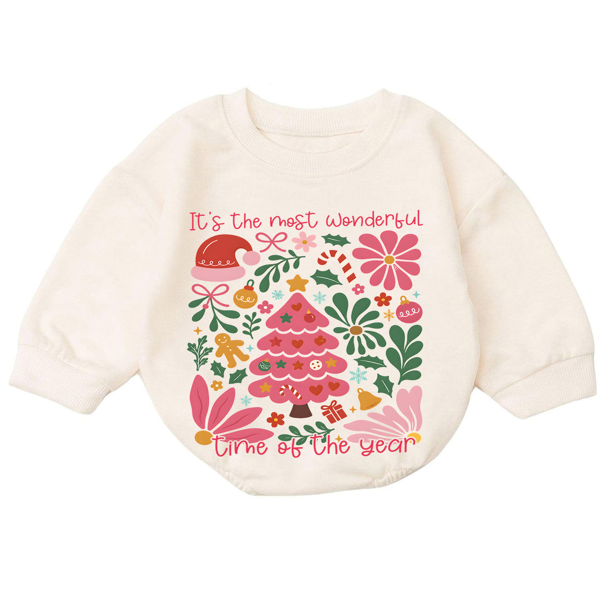 Most Wonderful Time Christmas Baby Romper, Pink Christmas Tree Holiday Outfit, Retro Floral Xmas Romper, Cute Christmas Gift for Girls — product view 7