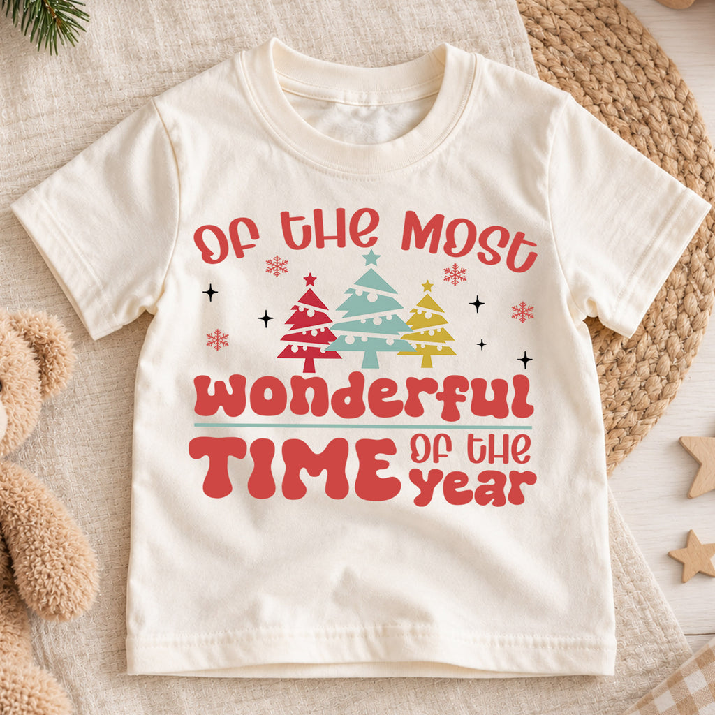 Most Wonderful Time Kids Christmas Shirt, Retro Christmas Tree Tee, Holiday Quote T Shirt, Cute Xmas Outfit for Kids — product view 1