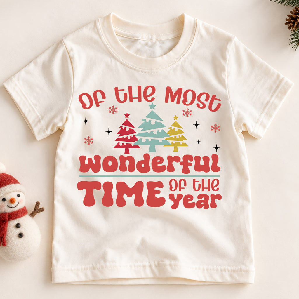 Most Wonderful Time Kids Christmas Shirt, Retro Christmas Tree Tee, Holiday Quote T Shirt, Cute Xmas Outfit for Kids — product view 2