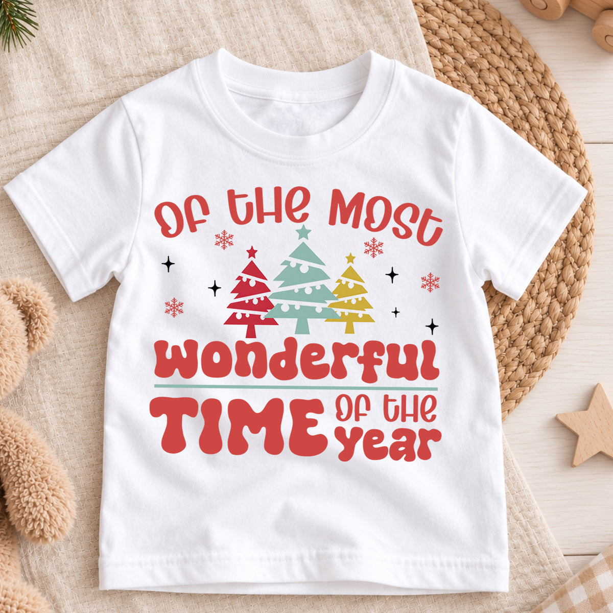 Most Wonderful Time Kids Christmas Shirt, Retro Christmas Tree Tee, Holiday Quote T Shirt, Cute Xmas Outfit for Kids — product view 3