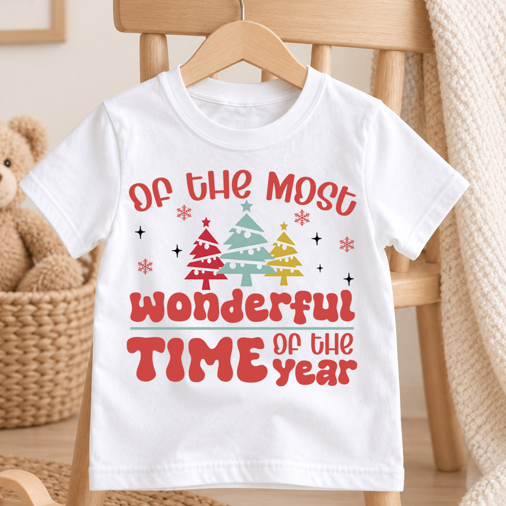 Most Wonderful Time Kids Christmas Shirt, Retro Christmas Tree Tee, Holiday Quote T Shirt, Cute Xmas Outfit for Kids — product view 4