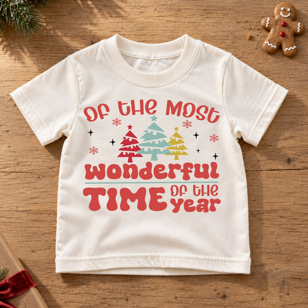Most Wonderful Time Kids Christmas Shirt, Retro Christmas Tree Tee, Holiday Quote T Shirt, Cute Xmas Outfit for Kids — product view 6