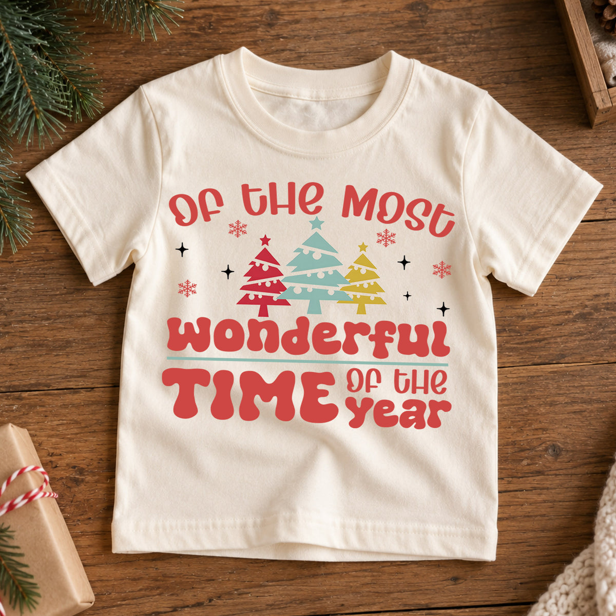 Most Wonderful Time Kids Christmas Shirt, Retro Christmas Tree Tee, Holiday Quote T Shirt, Cute Xmas Outfit for Kids — product view 7