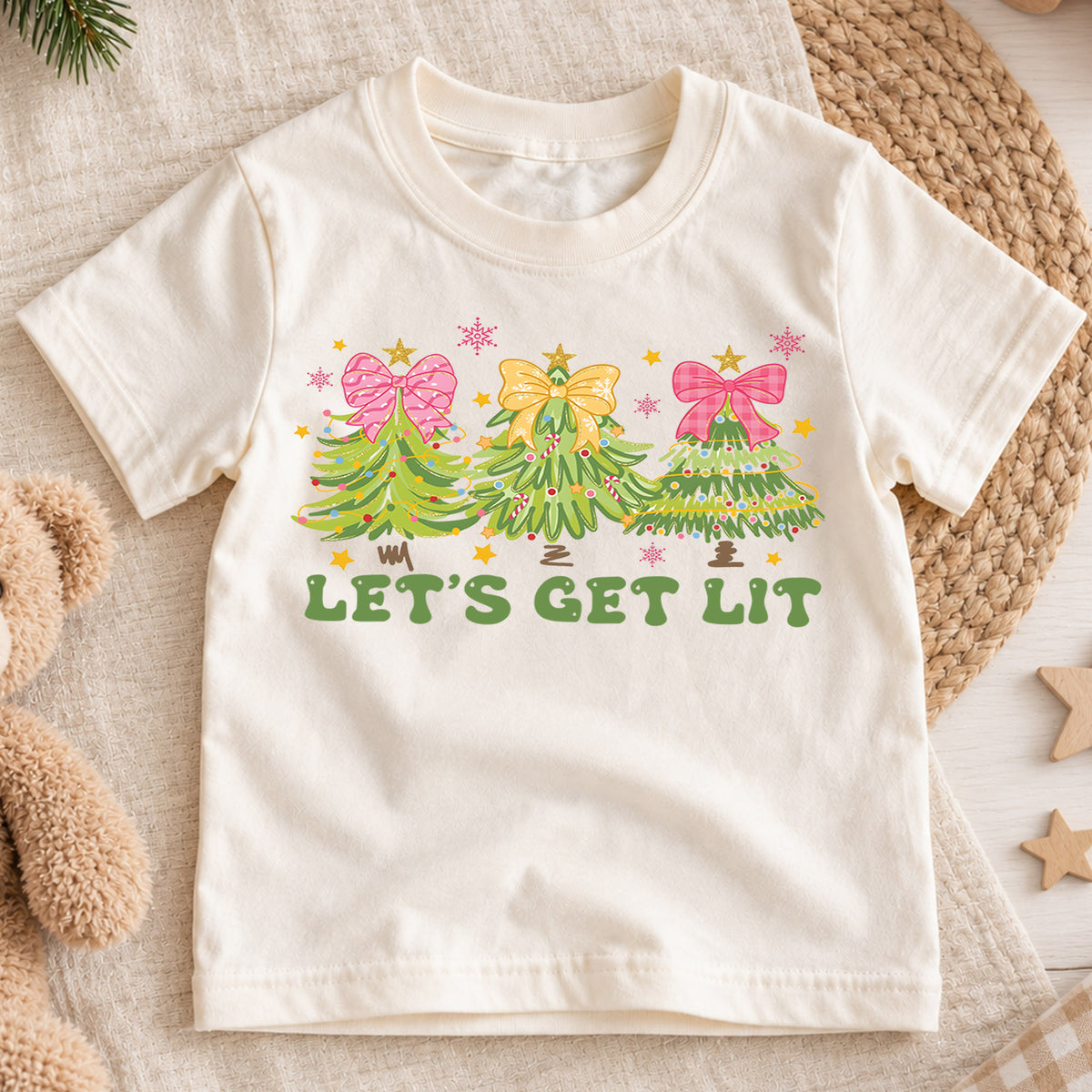 Let's Get Lit Kids Christmas Shirt, Pink Bow Christmas Tree Tee, Preppy Christmas T Shirt, Girly Holiday Gift for Girls — product view 1