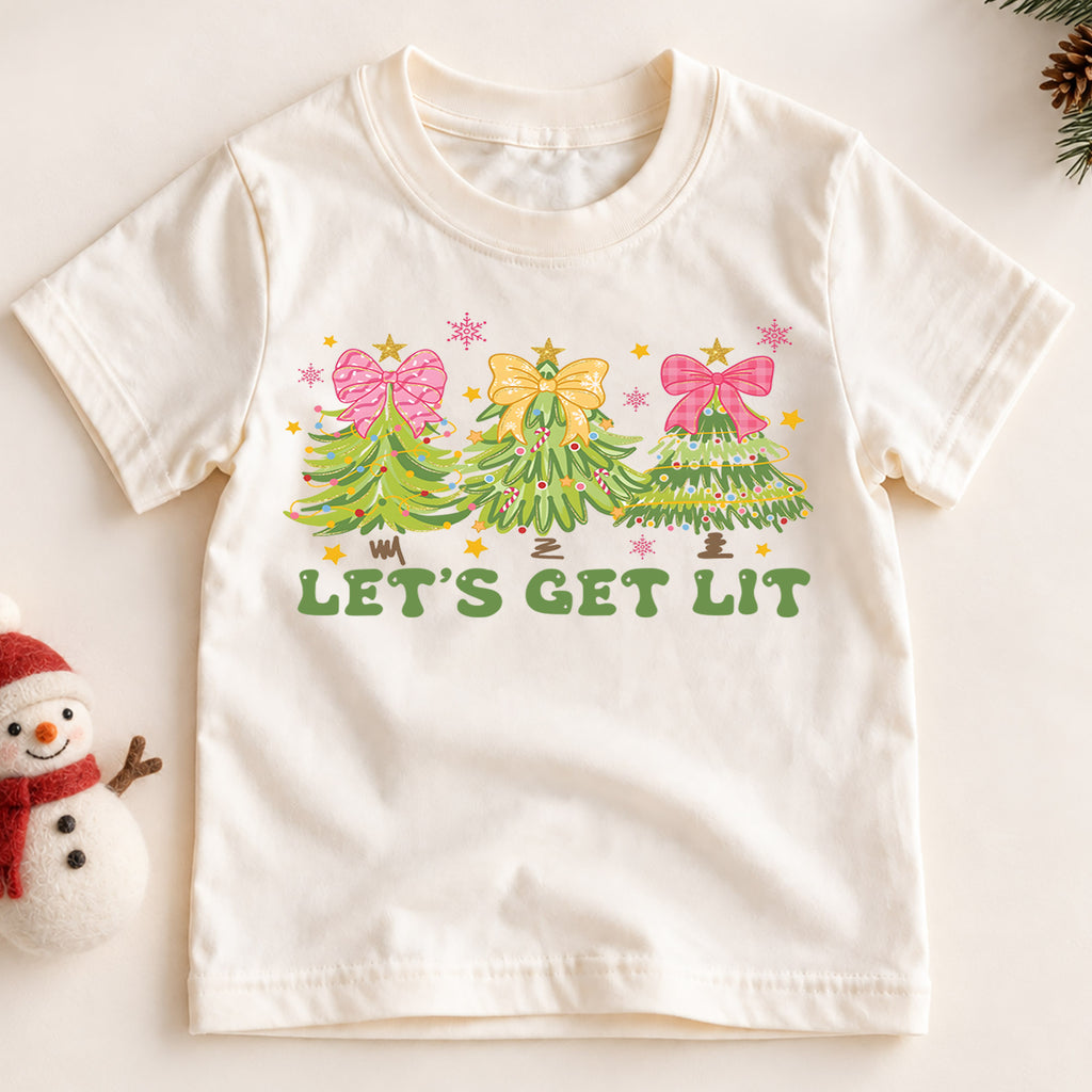 Let's Get Lit Kids Christmas Shirt, Pink Bow Christmas Tree Tee, Preppy Christmas T Shirt, Girly Holiday Gift for Girls — product view 2