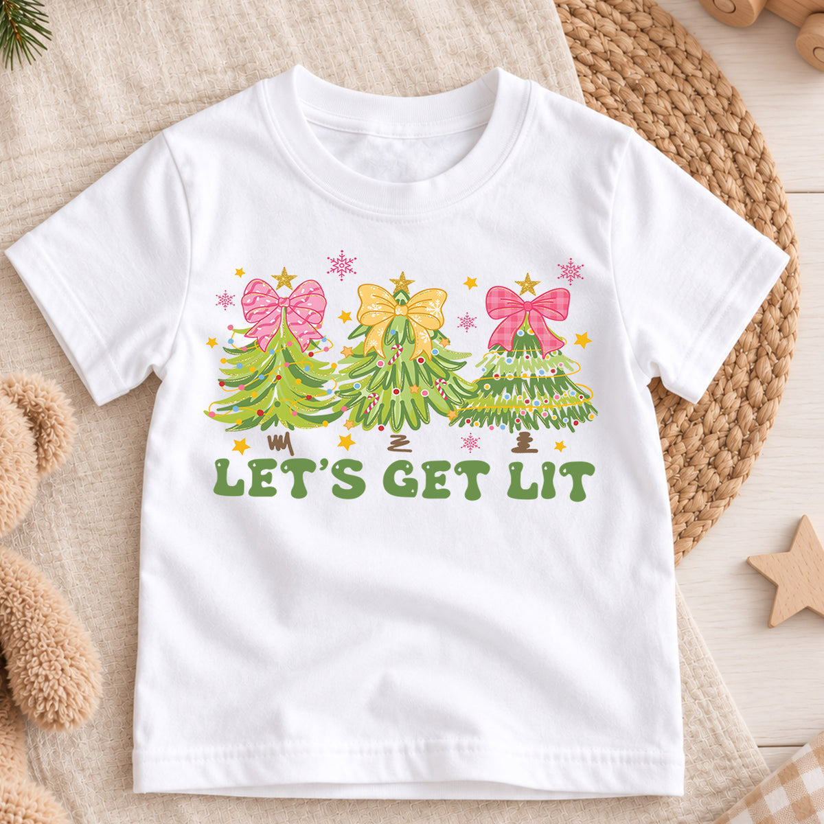 Let's Get Lit Kids Christmas Shirt, Pink Bow Christmas Tree Tee, Preppy Christmas T Shirt, Girly Holiday Gift for Girls — product view 3