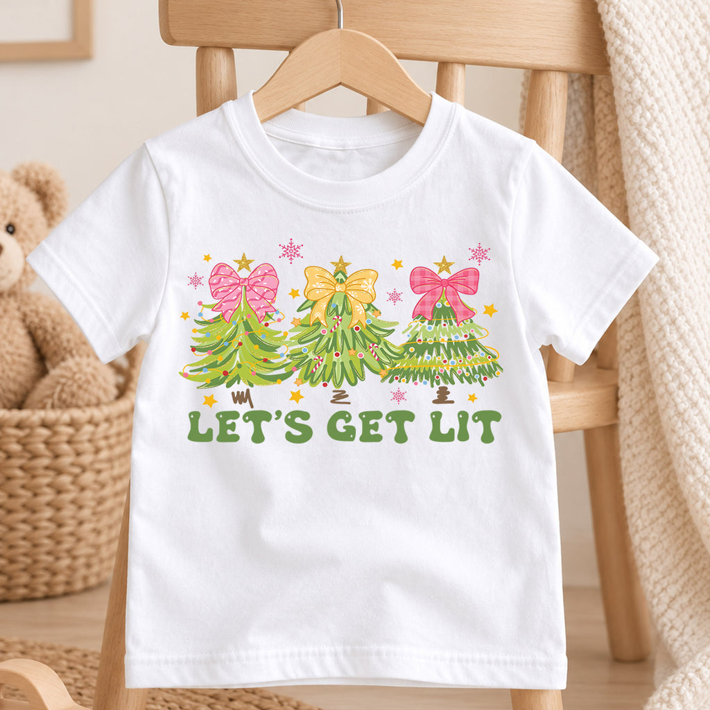 Let's Get Lit Kids Christmas Shirt, Pink Bow Christmas Tree Tee, Preppy Christmas T Shirt, Girly Holiday Gift for Girls — product view 4