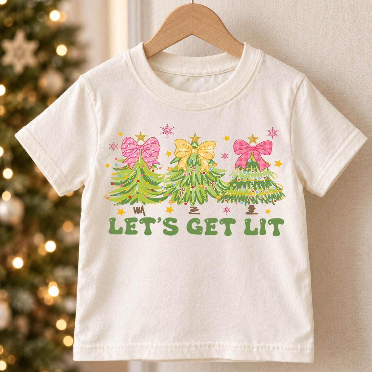Let's Get Lit Kids Christmas Shirt, Pink Bow Christmas Tree Tee, Preppy Christmas T Shirt, Girly Holiday Gift for Girls — product view 5