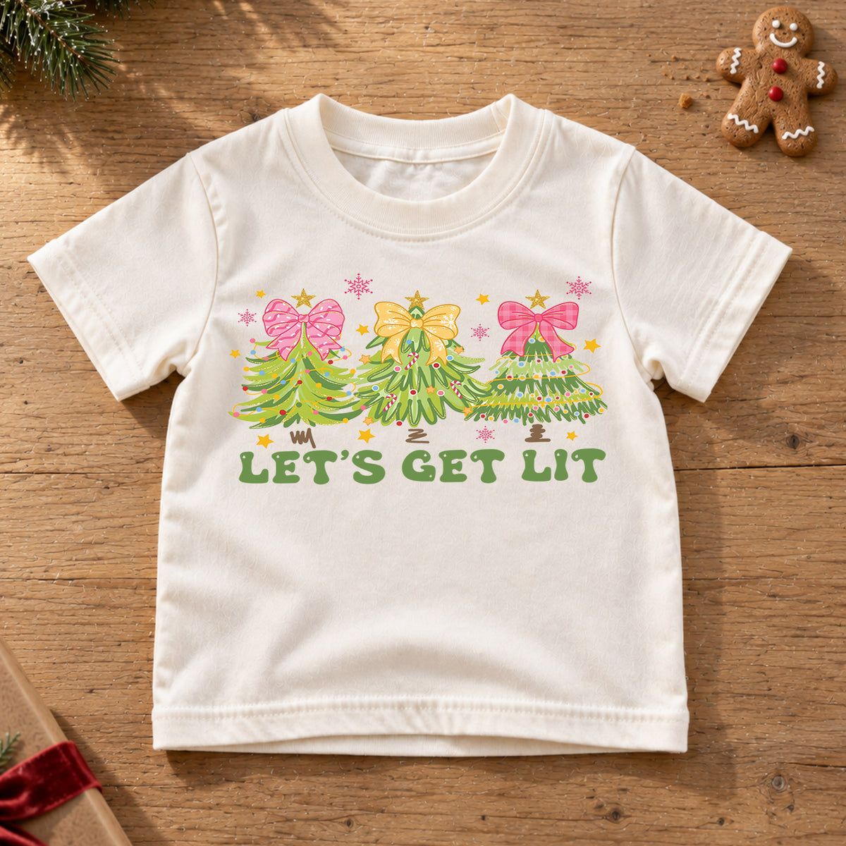 Let's Get Lit Kids Christmas Shirt, Pink Bow Christmas Tree Tee, Preppy Christmas T Shirt, Girly Holiday Gift for Girls — product view 6