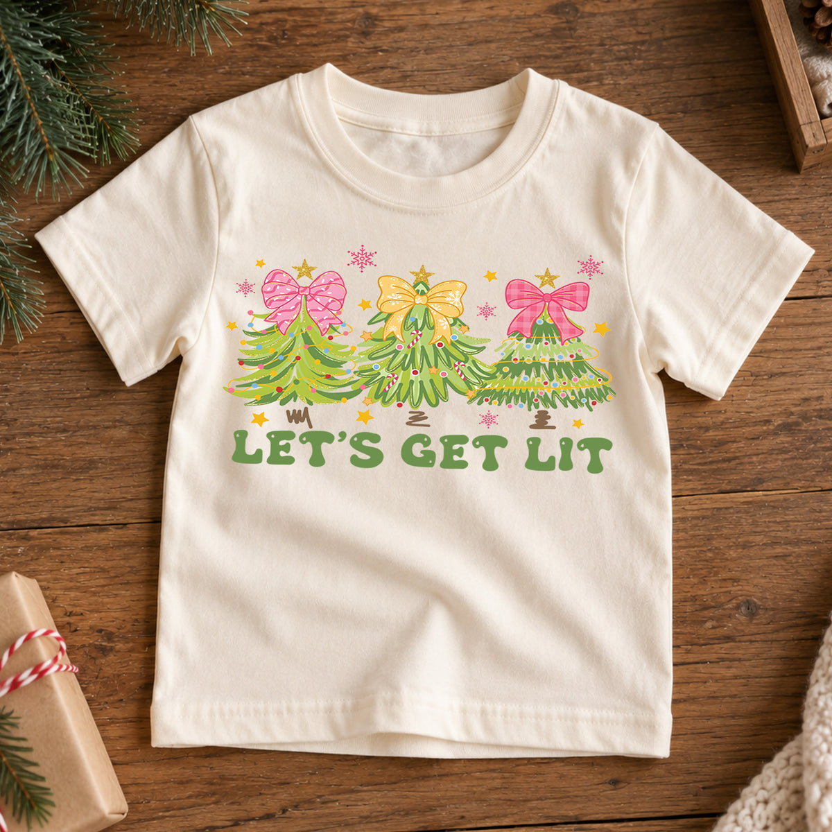 Let's Get Lit Kids Christmas Shirt, Pink Bow Christmas Tree Tee, Preppy Christmas T Shirt, Girly Holiday Gift for Girls — product view 7