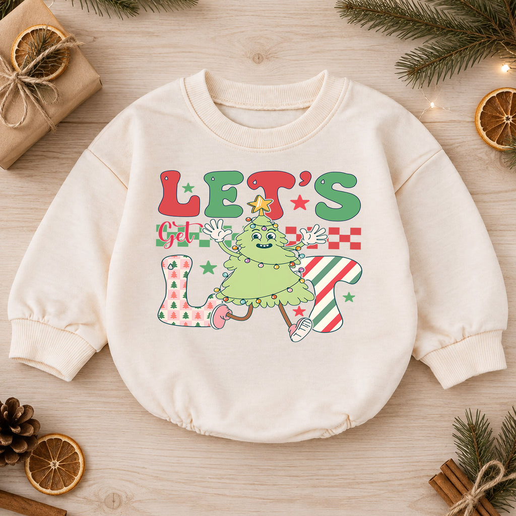 Let's Get Lit Christmas Tree Baby Romper, Funny Holiday Character Outfit, Retro Checkerboard Christmas Romper, Xmas Gift for Baby — product view 1