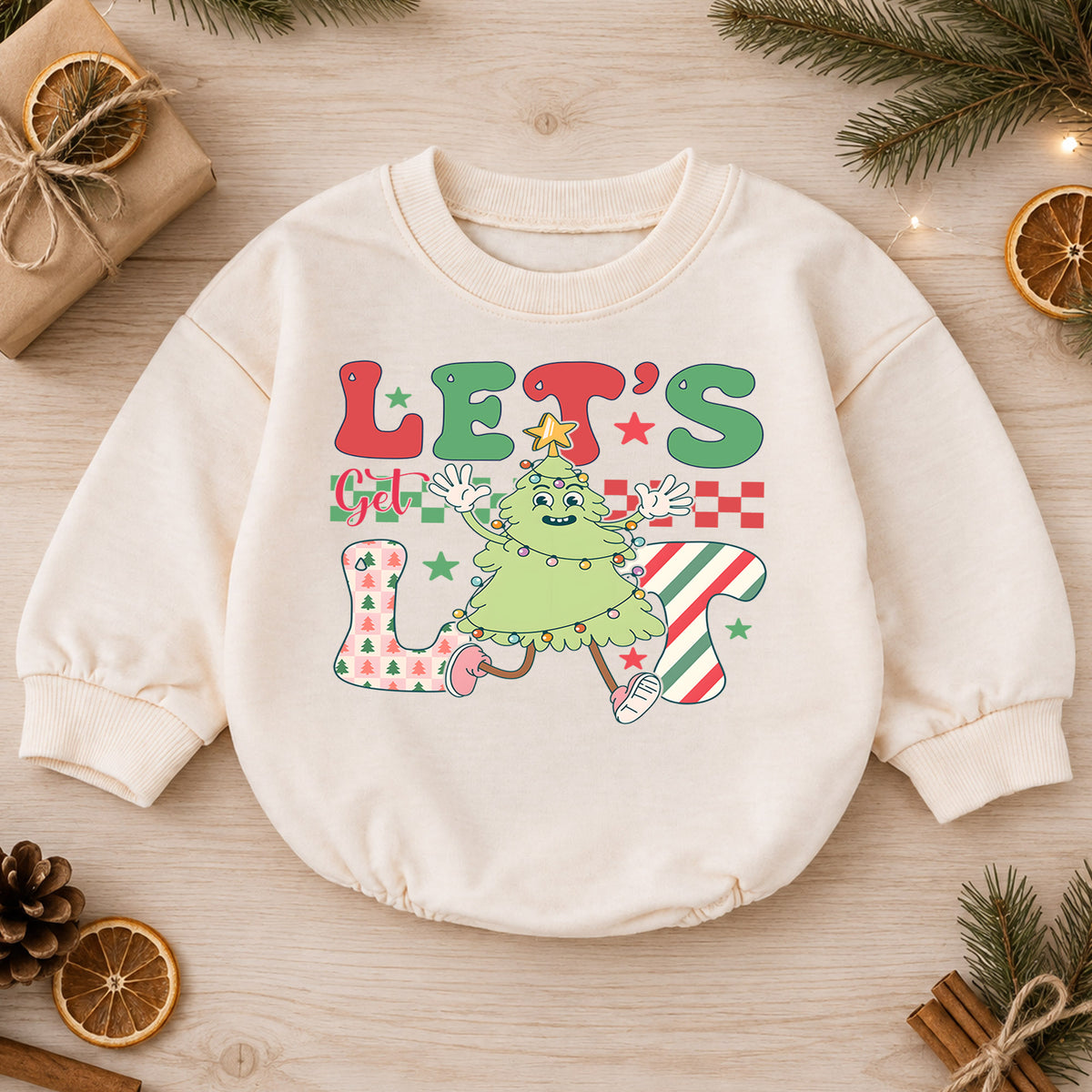 Let's Get Lit Christmas Tree Baby Romper, Funny Holiday Character Outfit, Retro Checkerboard Christmas Romper, Xmas Gift for Baby — product view 1