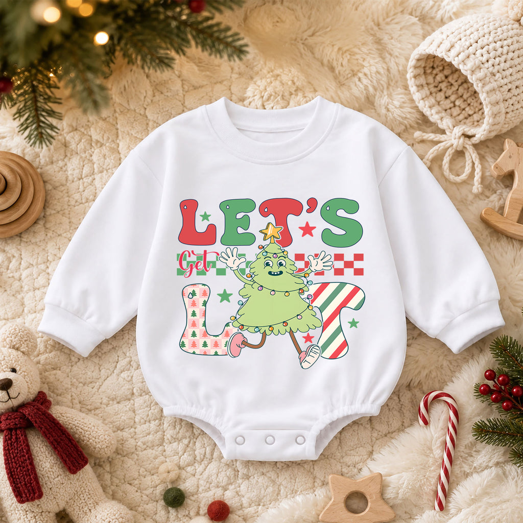 Let's Get Lit Christmas Tree Baby Romper, Funny Holiday Character Outfit, Retro Checkerboard Christmas Romper, Xmas Gift for Baby — product view 3