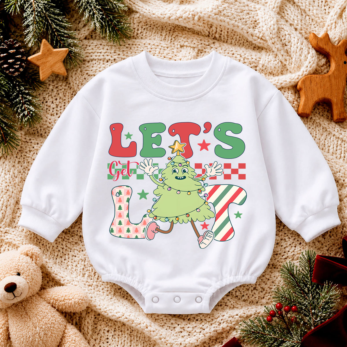 Let's Get Lit Christmas Tree Baby Romper, Funny Holiday Character Outfit, Retro Checkerboard Christmas Romper, Xmas Gift for Baby — product view 4