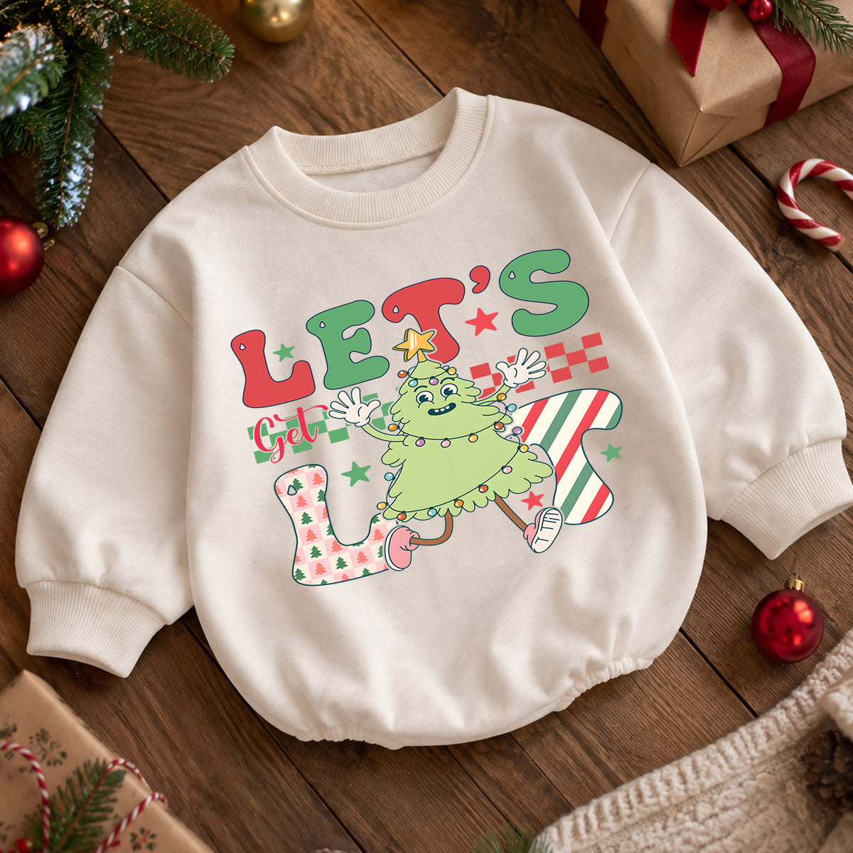 Let's Get Lit Christmas Tree Baby Romper, Funny Holiday Character Outfit, Retro Checkerboard Christmas Romper, Xmas Gift for Baby — product view 5
