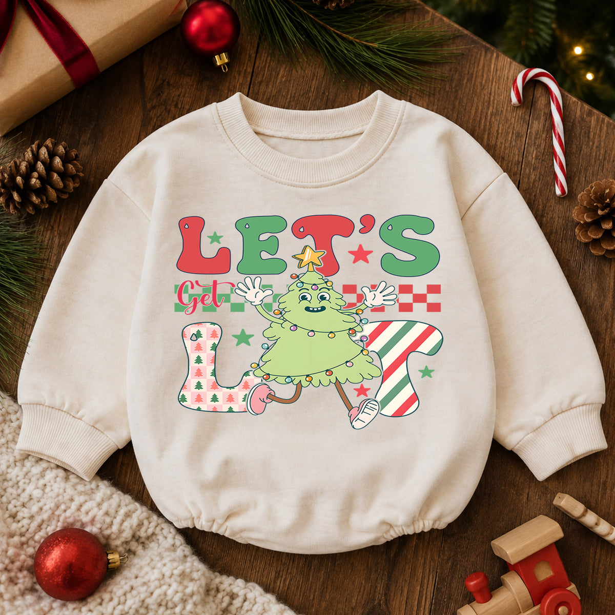 Let's Get Lit Christmas Tree Baby Romper, Funny Holiday Character Outfit, Retro Checkerboard Christmas Romper, Xmas Gift for Baby — product view 6