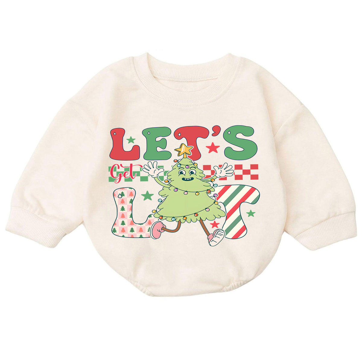Let's Get Lit Christmas Tree Baby Romper, Funny Holiday Character Outfit, Retro Checkerboard Christmas Romper, Xmas Gift for Baby — product view 7